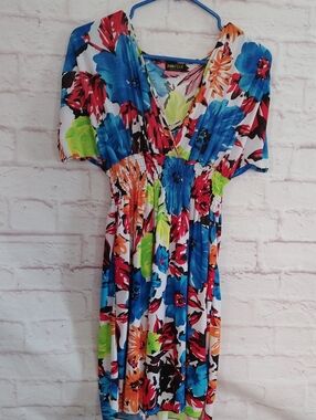 Paris Pink Vibrant Floral Midi Dress in Blue, Red, Orange & Green